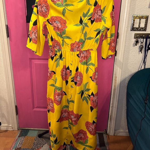 Mock tie dress, deep V-neck, yellow with pink lotus and green leaves, 3/4 calf l - Picture 2 of 3